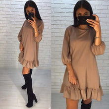 Spring 2018 Lady Solid Color Loose Dress Women O-neck 3/4 Lantern Sleeve Hem Ruffles Casual Dress Mini Vestidos